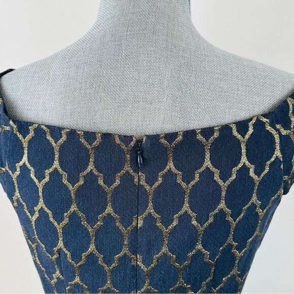 Vince Camuto SZ 6 Navy Gold Metallic Dress Stretch Fit/Flare Party Holiday - Picture 7 of 9